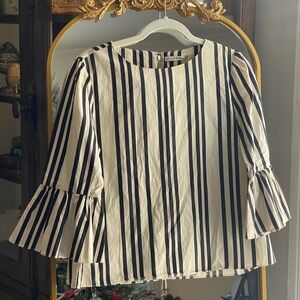 Alice + Olivia Bernice Black and White Striped Ruffle-Sleeve
Blouse